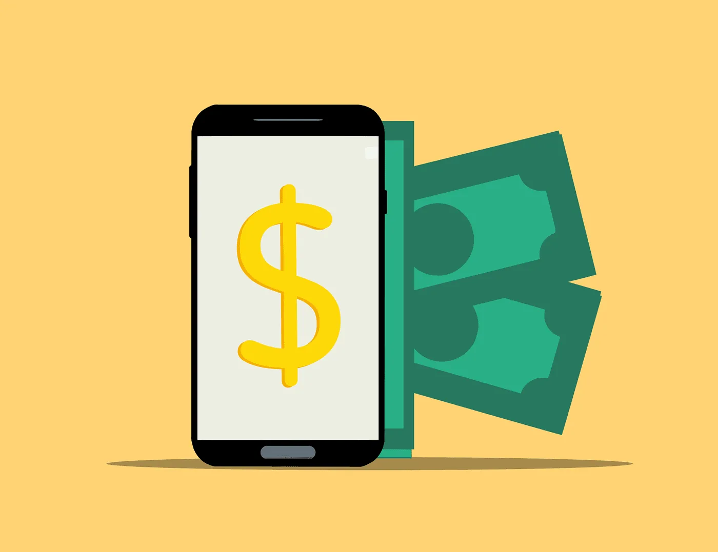 Illustration of a digital wallet on a phone screen with coins and banknotes