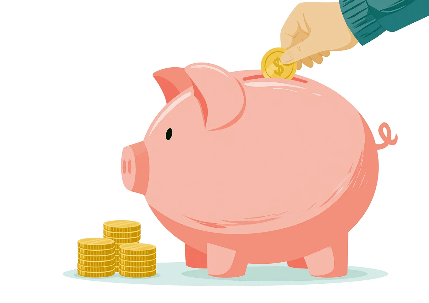 Illustration of coins being dropped into a piggy bank beside a stack of notes