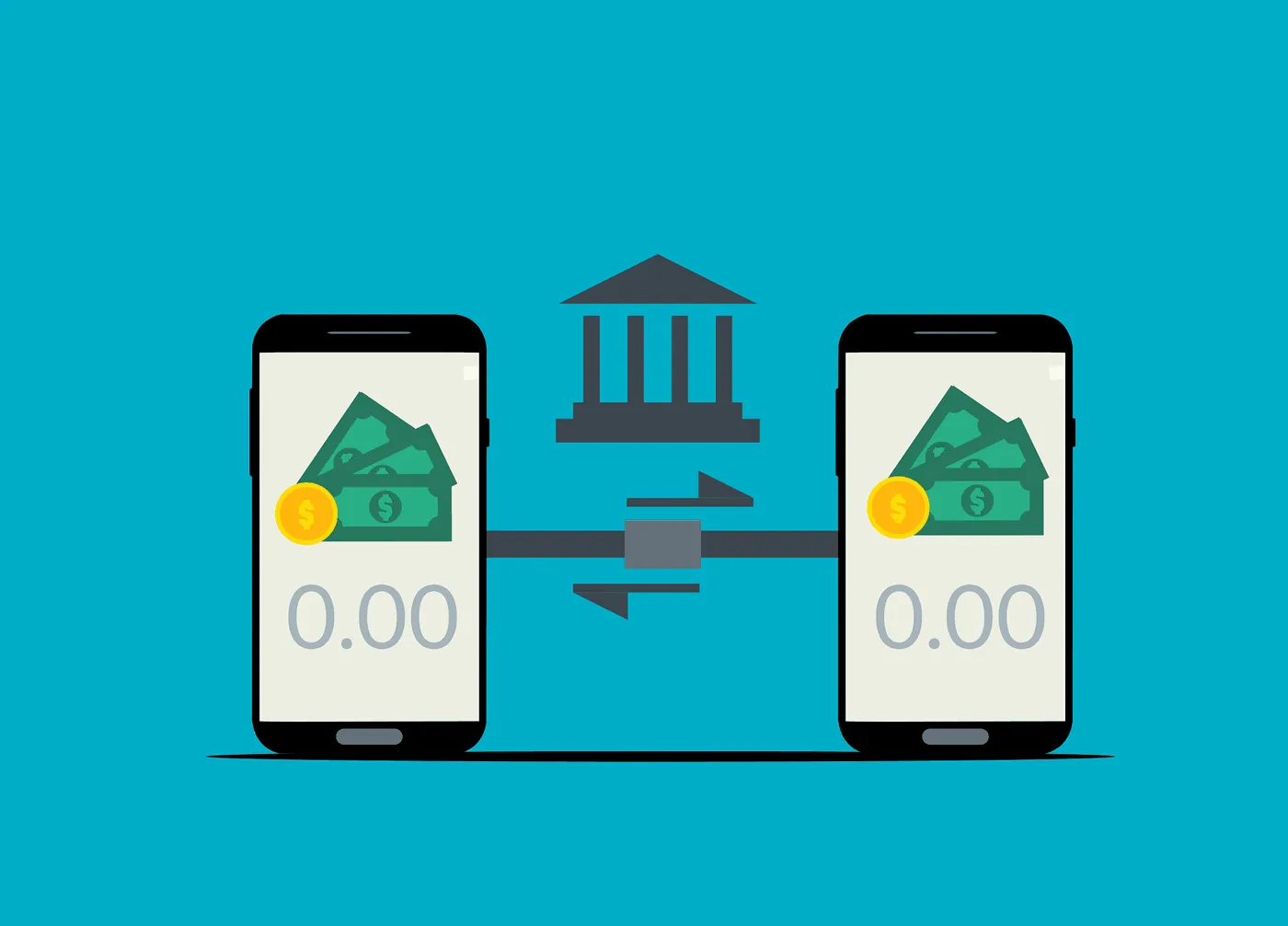 Illustration of digital coins being transferred between two mobile devices